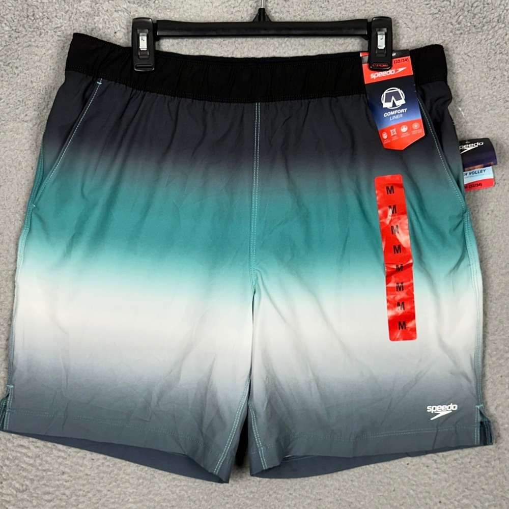NEW Speedo Swim Trunks Mens Medium Swim Volley Teal Grey Ombre Comfort Liner